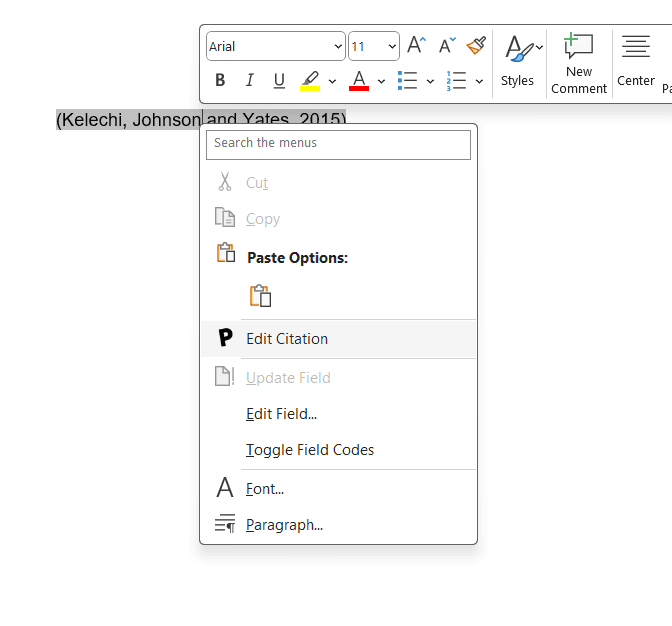 The Word right-click menu on an in-text citation with “Edit Citation” highlighted, above Update Field, Edit Field…, Toggle Field Codes, Font… and Paragraph…